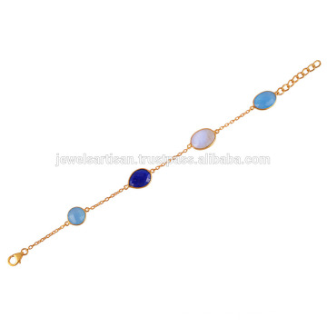 18K Gold Plated Silver Bracelet With Blue Onyx, Lapis and Rainbow